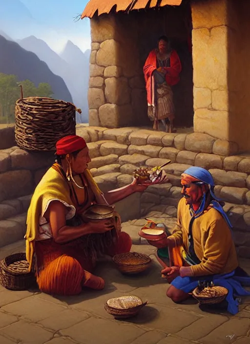 Prompt: a beautiful painting of an incan woman exchanging food and fabrics with an incan man, art by christophe vacher