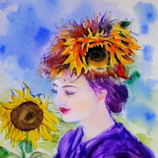 Image similar to molly sanden, watercolor, in the style of claude monet, beautiful face, sunflowers, fall leaves red and orange, award winning, hd, 4 k, purple, blue