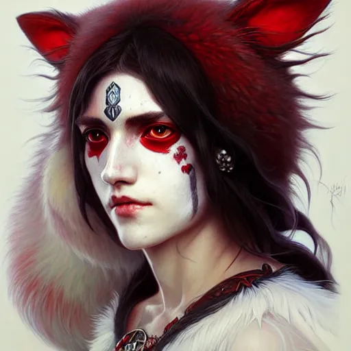 Image similar to Portrait of Princess Mononoke with red facepaint under her eyes, white fur, face, fantasy, intricate, elegant, highly detailed, digital painting, artstation, concept art, smooth, sharp focus, illustration, art by Fernanda Suarez and Artem Demura and alphonse mucha