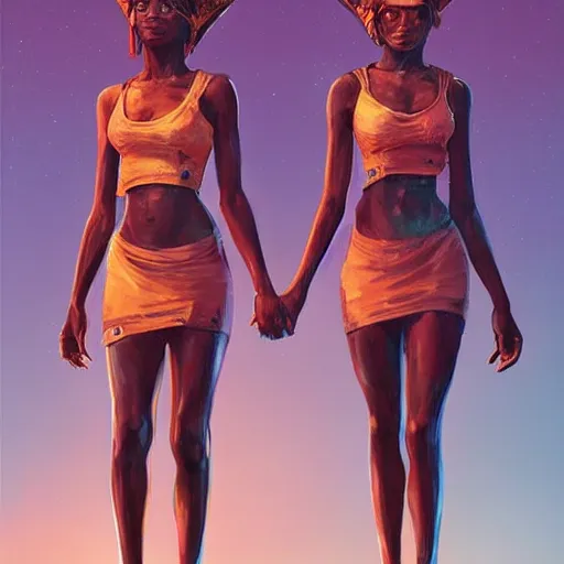 Image similar to beautiful Zulu goddesses holding hands, focused, worried, highly detailed, artstation, concept art, sharp, illustration, art by artgerm and Simon Stålenhag