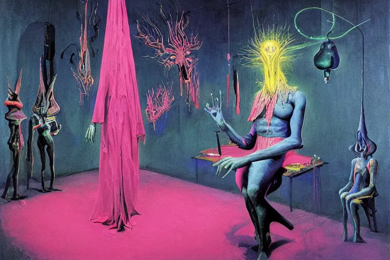 Prompt: a masterpiece painting in the laboratory of a technomancer wizard, in dazzle camouflaged robes, pointed hoods, he discusses sentience with his al djinn by remedios varo and anato finnstark and greg rutkowski and andy warhol and francis picabia. dayglo pink blue, prismatic, pearlescent, raven black, glowing, hyperrealism, trending on artstation