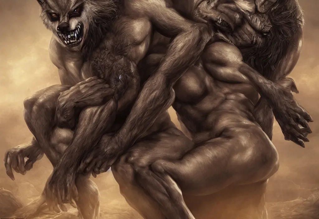 Prompt: Portrait of a two-headed werewolf sitting down, detailed face, bare thighs, fantasy, highly detailed, cinematic lighting, digital art