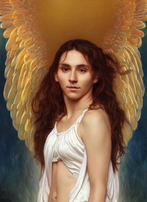 Image similar to portrait lionel messi angel, full length shot, shining, 8 k highly detailed, sharp focus, illustration, art by artgerm, mucha, bouguereau