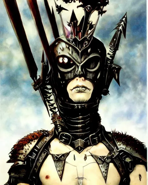 Prompt: portrait of a skinny goth punk keany reeves wearing armor by simon bisley, john blance, frank frazetta, fantasy, chrome thief warrior