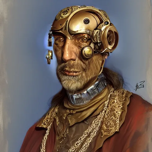 Image similar to portrait, headshot, digital painting, of a old 17th century, old cyborg merchant, amber jewels, baroque, ornate clothing, scifi, realistic, hyperdetailed, chiaroscuro, concept art, art by Franz Hals