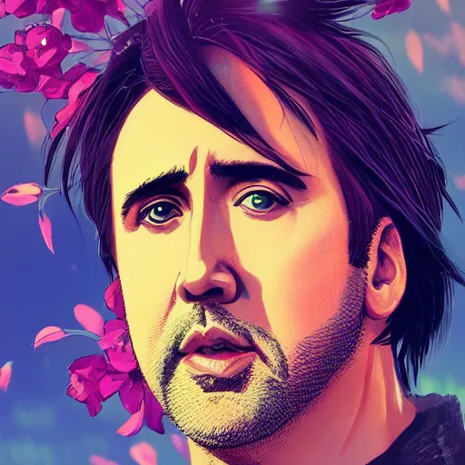 Image similar to a portrait of Nicolas Cage, field of flowers background, rich vivid colors, ambient lighting, dynamic lighting, 4k, official media, anime key visual, makoto shinkai, ilya kuvshinov, lois van baarle, rossdraws, detailed, trending on artstation