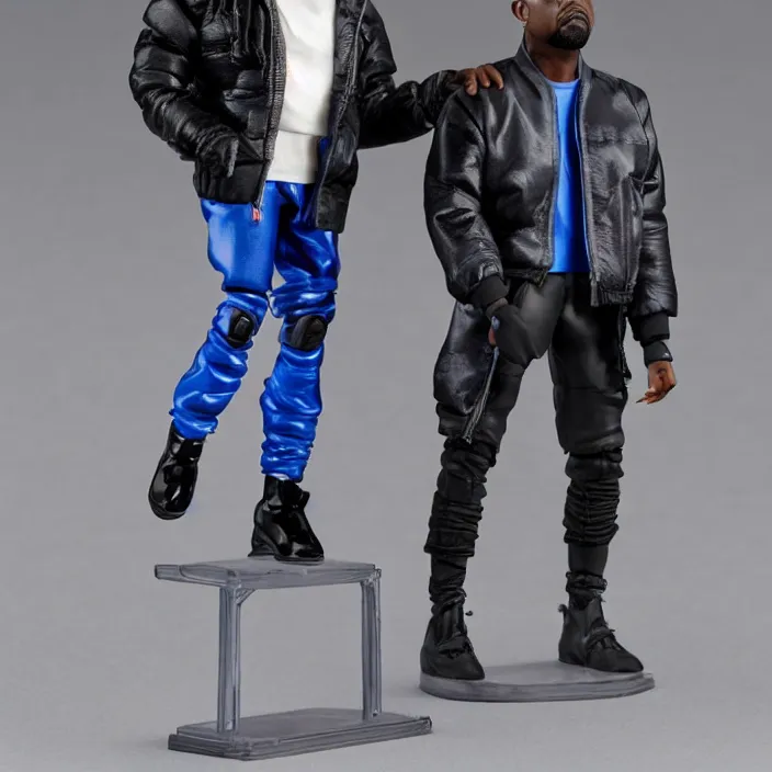 Image similar to a action figure of kanye west using a full face covering black mask, a small, tight, undersized reflective bright blue round puffer jacket made of nylon, dark jeans pants and big black balenciaga rubber boots, figurine, detailed product photo