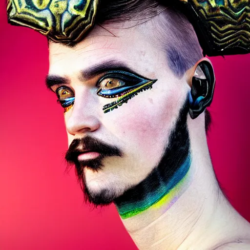 Image similar to an award finning closeup facial portrait by akseli kallen gallela luis rogyo and john howe of a bohemian easygoing and handsome male cyberpunk traveller clothed in excessivelyg fashionable 8 0 s haute couture fashion and wearing ornate body paint