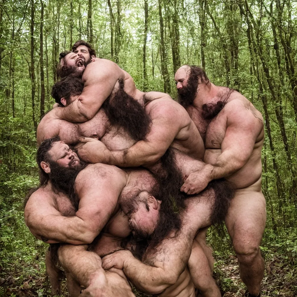 Image similar to dozens of big hairy strongmen in shorts in a forest, cuddling and kissing, photography, high details, epic, high resolution