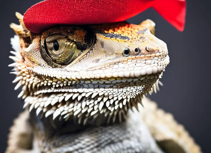 Image similar to dslr portrait still of a bearded dragon wearing a top hat and a red bowtie, 8 k 8 5 mm f 1. 4