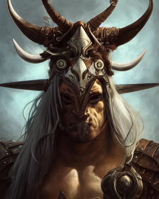 Image similar to Horse barbarian, minotaur, bull, centered, portrait, symmetrical, Path of Exile, Diablo, Warhammer, digital painting, highly detailed, concept art, Nekro, Peter Mohrbacher, Alphonse Mucha, Brian Froud, Yoshitaka Amano, Kim Keever, Victo Ngai, James Jean