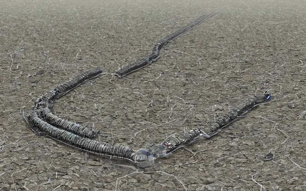 Prompt: robotic centipede travelling across a broken landscape