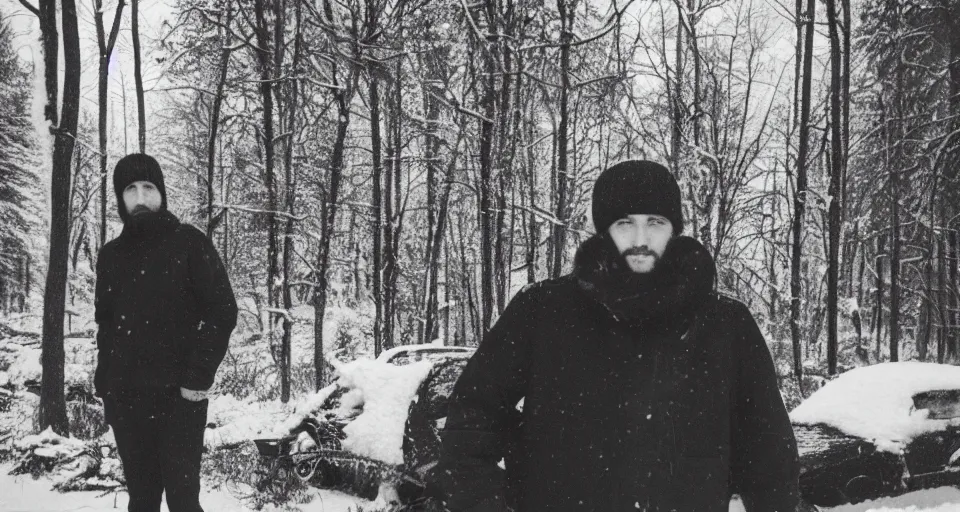 Image similar to vintage polaroid photograph of a man wearing black winter clothes and a black beanie in a snowy forest, standing next to a car