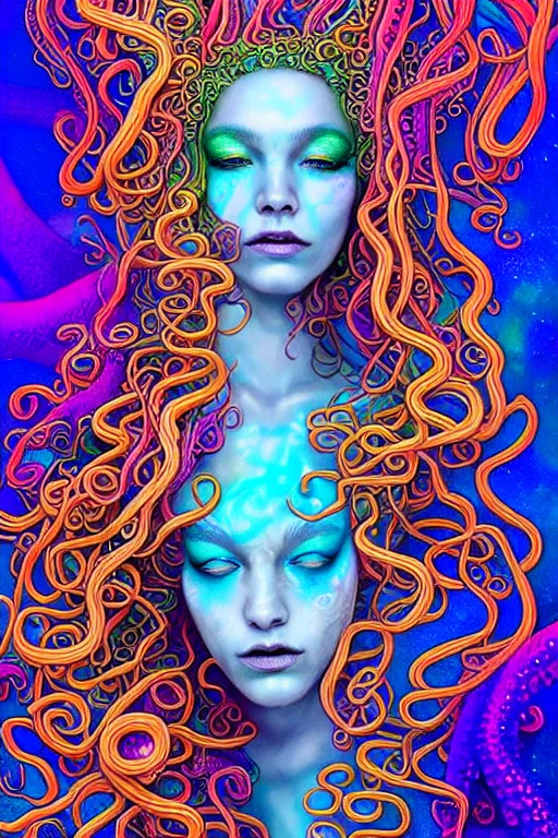 Image similar to A sea goddess with colorful tentacles hair having an extremely colorful psychedelic experience, warping time and space, magic mushrooms, psilocybin, LSD, face, detailed, intricate, elegant, highly detailed, digital painting, artstation, concept art, smooth, sharp focus, illustration, art by Krenz Cushart and Artem Demura and alphonse mucha, Octane render, unreal engine, 8K