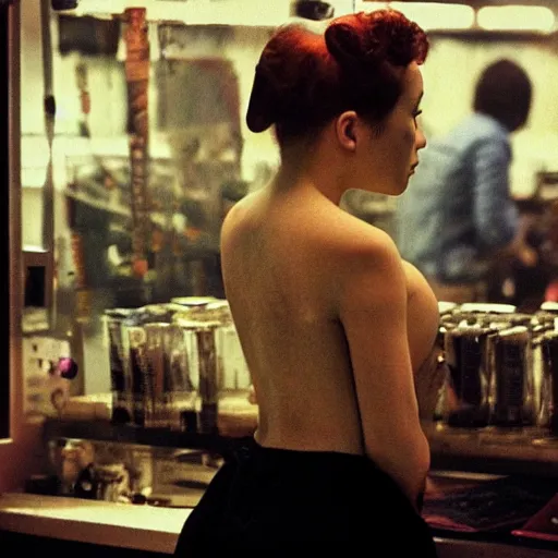 Image similar to a cyborg girl leaning against the counter in a night club staring at the camera, a photograph by Aki Kaurismäki and Christopher Doyle.