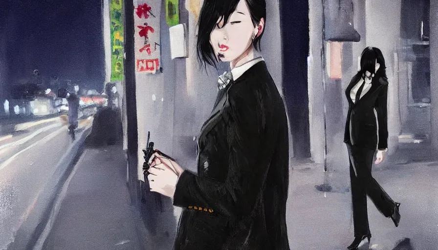 Image similar to a beautiful woman smoking, wearing a suit, street at night, asian, long black hair, hand - painted, guweiz style