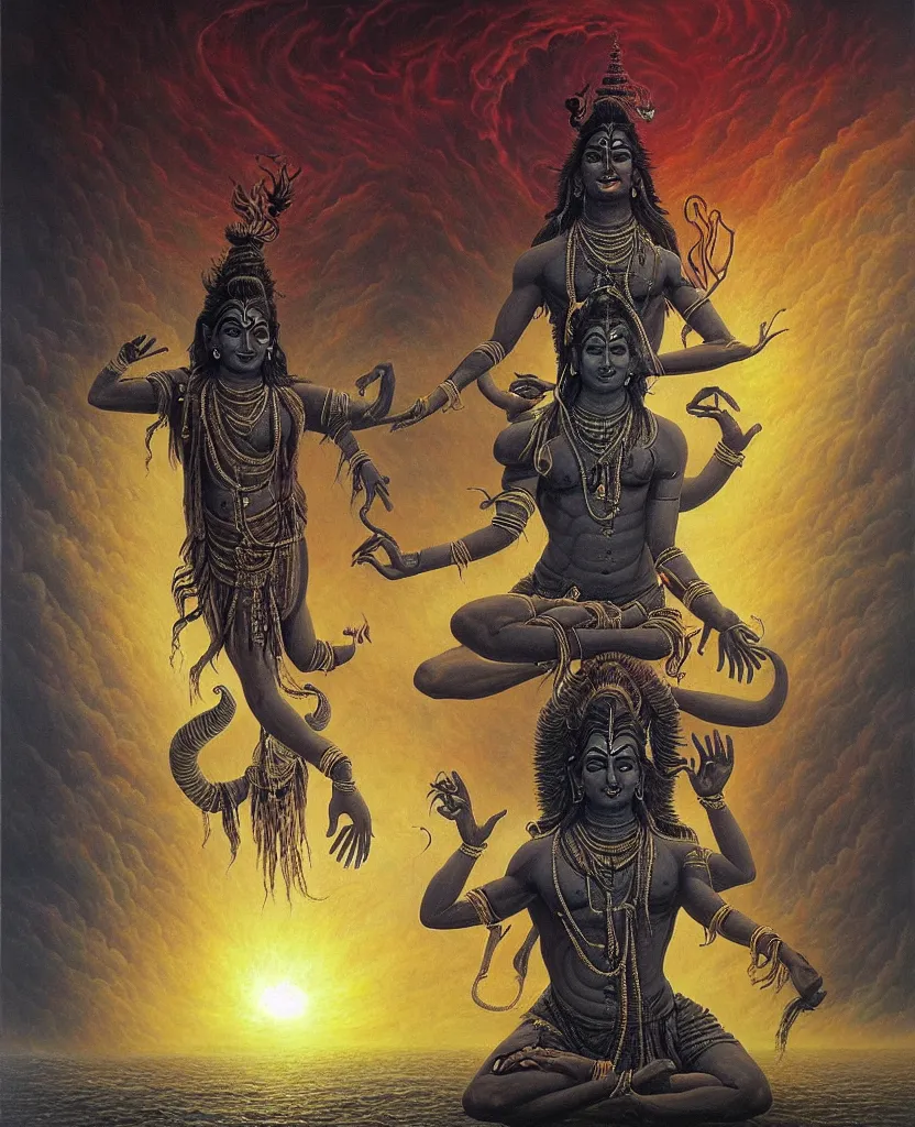 Prompt: One God Shiva is dansing. Tandava. Nuclear explosion on the background. Dark colors, high detail, hyperrealism, horror art, masterpiece, body-horror, ceremonial portrait, solo, art by Greg Broadmore, Esao Andrews, Beksinski