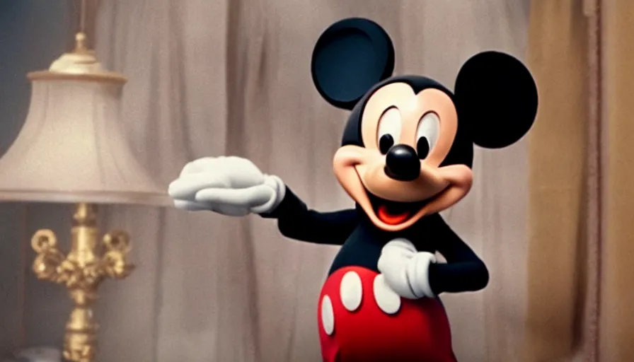 Prompt: a film still from a very dramatic live action biopic of Mickey Mouse starring Tom hanks as Mickey Mouse