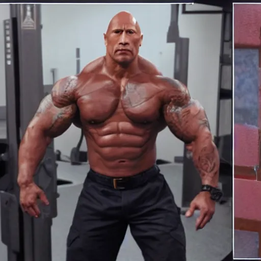 Prompt: photo of dwayne the rock johnson flexing and yelling let's go!, bell visible in the background on his right, low perspective, isometric perspective, film scene