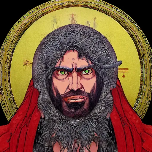 Image similar to 4K headshot portrait of godlike Pimp of Nazareth with defined arms and open hands and bloody clothes with giant mandala wings , intricate face , flawless anime cel animation by Kentaro Miura, psychedelic , highly detailed upper body , professionally post-processed , beautiful, scary, symmetry accurate features, epic, octane rendered, anime masterpiece, accurate by Craig Mullins, ilya kuvshinov, krenz cushart, epic , artgerm trending on artstation by Edward Hopper and Dan Mumford and WLOP and Rutkovsky, beksinski carl spitzweg moebius and tuomas kocar, intricate artwork by caravaggio, Unreal Engine 5, Lumen, Nanite