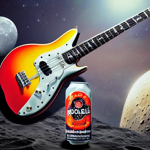 Image similar to a detailed, realistic, idle, regular sized electric guitar next to a detailed, realistic, idle, regular sized beer can on the moon. detailed photo. realistic photo. art deco style