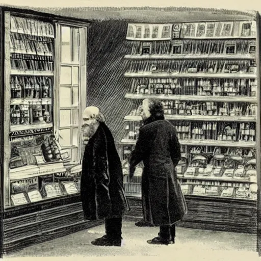 Prompt: karl marx shopping at the store, in ukiy - oe style