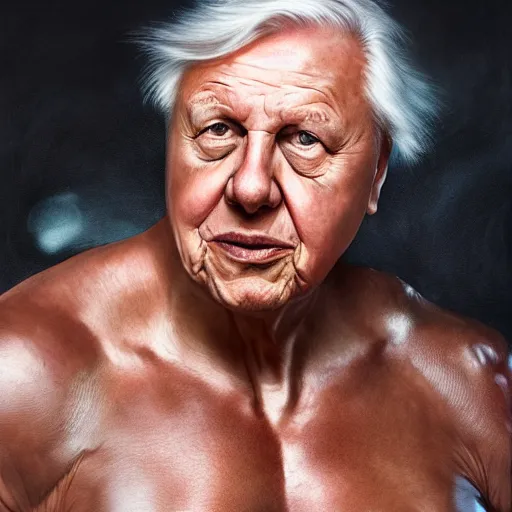 Prompt: David attenborough with the physique of a body builder, hyper realistic, ultra detailed, cinematic, dynamic lighting, photorealistic, refined, intricate, digital art, digital painting, masterpiece, 8k