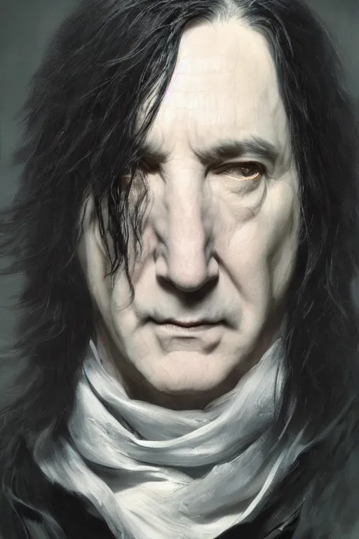 Prompt: breathtaking detailed painting of severus snape, by ruan jia, intricate cloak of silver night mists, piercing eyes, detailed realistic facial features, 8 k, concept art, matte, sharp focus, rembrandt style