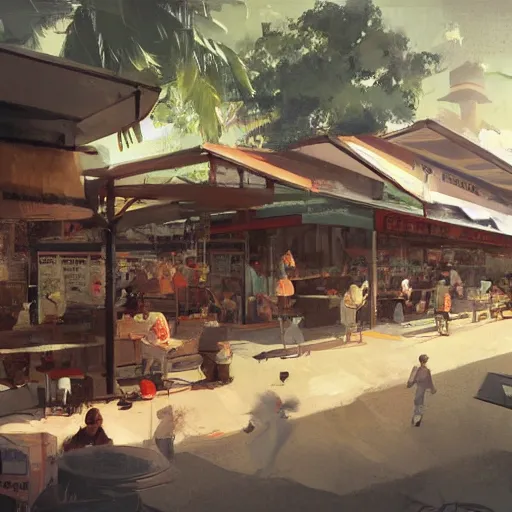 Prompt: concept art a singaporean neighborhood hawker centre, by greg rutkowski