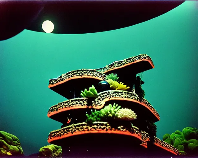 Prompt: low angle shot of a space station at night, aquatic plants, coral, shabby chic, cinematography by Jim Jarmusch, composition by Max ernst, in the style of Ilya Kuvshinov, set design by Antonin Gaudí, 35mm, graflex, color film photography