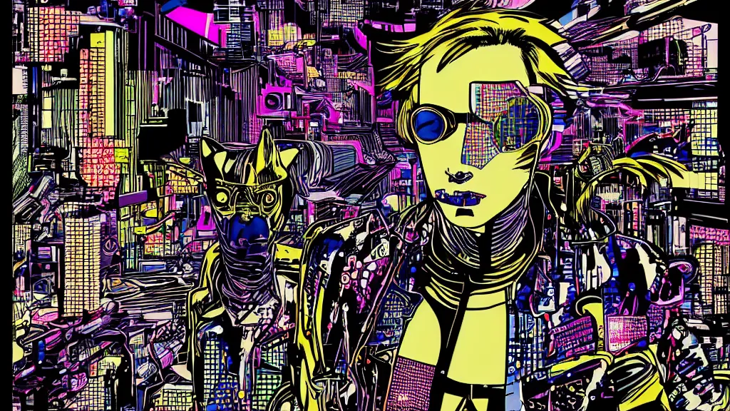 Image similar to cyber - dog futuristic japanese cyberpunk by roy lichtenstein, by andy warhol, ben - day dots, pop art, bladerunner, pixiv contest winner, cyberpunk style, cyberpunk color scheme, mechanical, high resolution, hd, intricate detail, fine detail, 4 k