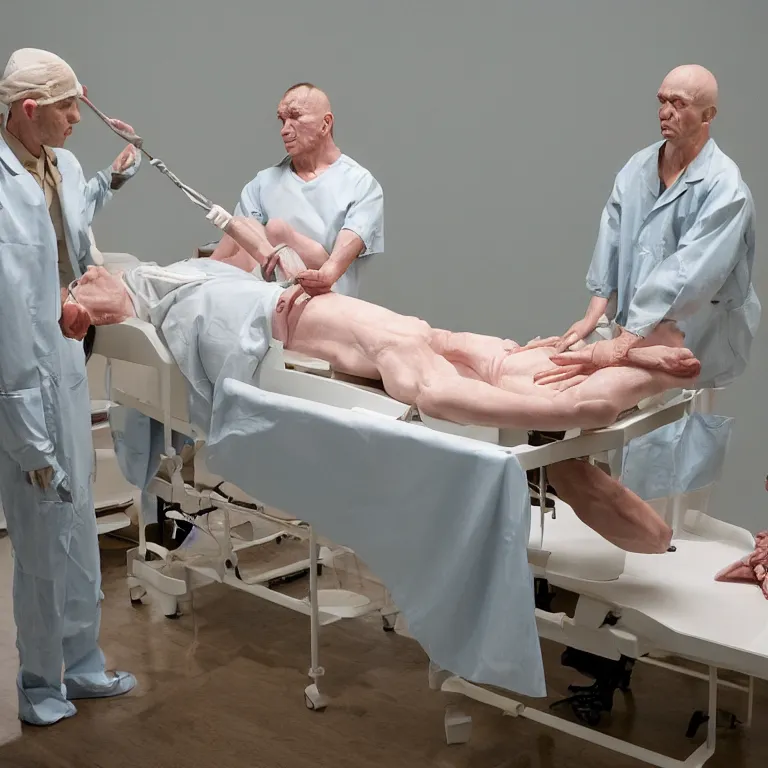 Image similar to chinese prisoner operating table cage surgeons ron mueck and duane hanson and lee bontecou and giacometti greig fraser canon eos r 3