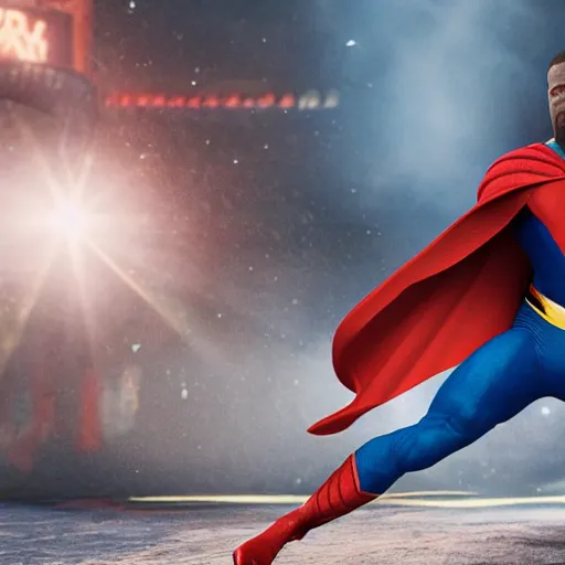 Image similar to kevin hart beating up the rock in a superman costume, octane render, hyperdetailed