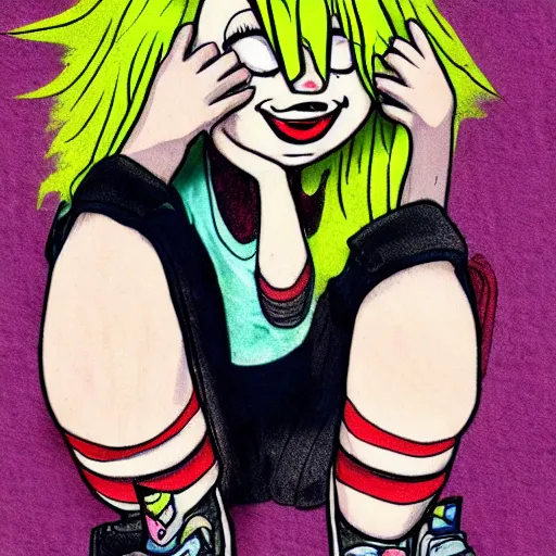 Image similar to grunge drawing of a happy billie eilish in the style of loony toons | horror themed | pennywise style