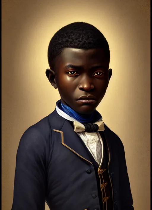 Prompt: a portrait of an african boy with a crooked nose in victorian clothing, confident pose, intricate, elegant, sharp focus, illustration, highly detailed, concept art, matte, trending on artstation, anime, art by james jean and artgerm and brian despain and alberto mielgo, greg rutkowski, wlop, ilya kuvshinov, strong strokes