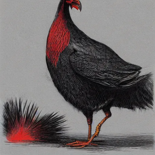 Image similar to a majestic chonky! black chicken with royal 'red!!! comb!!!', colored ultra-detailed pen and ink illustration, matte painting, modern concept art, impossible fine lines and details, divine background, by John Kenn Mortensen