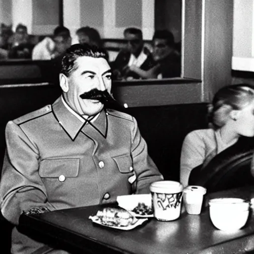 Prompt: joseph stalin eating at burger king, press photo, paparazzi