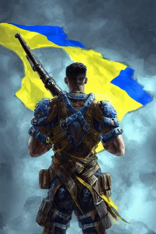 Image similar to a distant shot from behind of a Ukrainian super soldier with blue and yellow flag behind him standing alone on a huge pile of skulls as a winner, masculine muscular figure, D&D, fantasy, intricate, elegant, highly detailed, extremely detailed, digital painting, artstation, concept art, matte, sharp focus, symmetrical, illustration, art by Artgerm and Greg Rutkowski and Alphonse Mucha