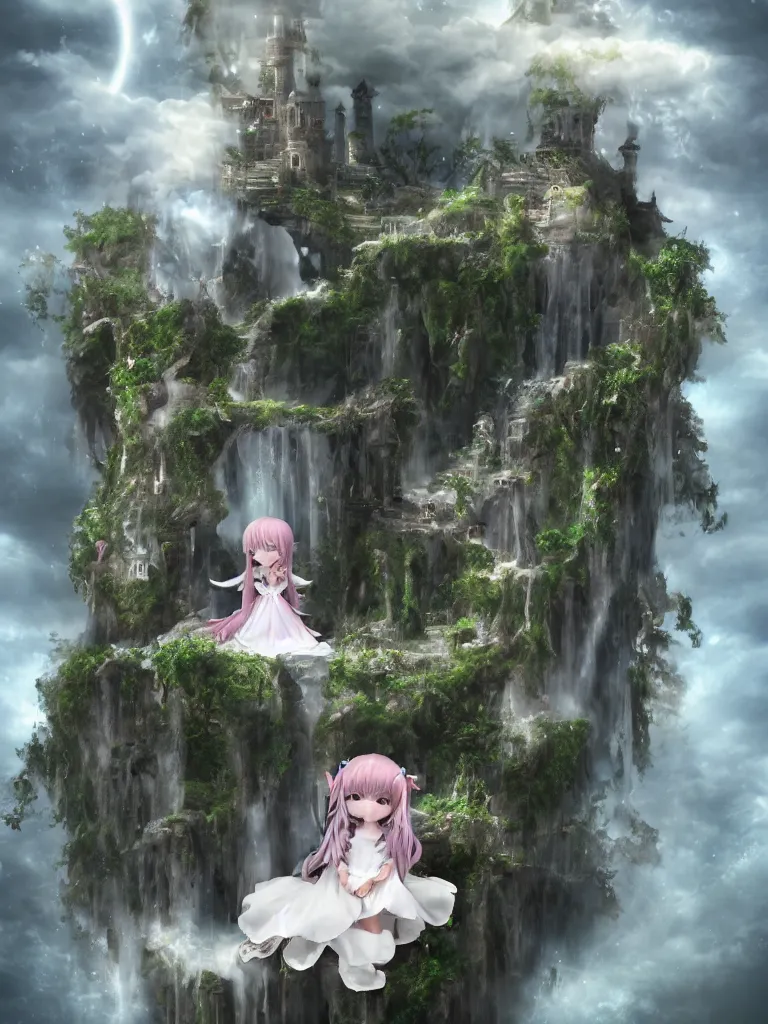 Image similar to cute fumo plush of a princess girl in a tower on a tiny island which she lays sole claim to, selfish empress of the abyss, tempestuous waters and thunderclouds, waterfall, wisps of volumetric smoke and fog, gothic wraith maiden in tattered white dress, floating island, vignette, vray