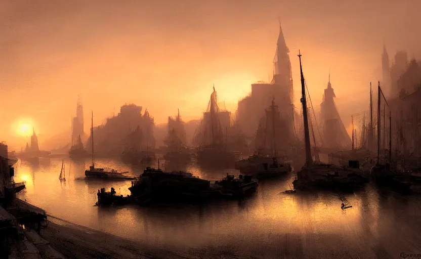 Image similar to an old harbour at dusk by greg ruthkowski and craig mullins and caspar david friedrich