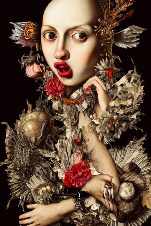 Image similar to Detailed maximalist portrait with large lips and with large white eyes, exasperated expression, HD mixed media, 3D collage, highly detailed and intricate, surreal illustration in the style of Caravaggio, dark art, baroque