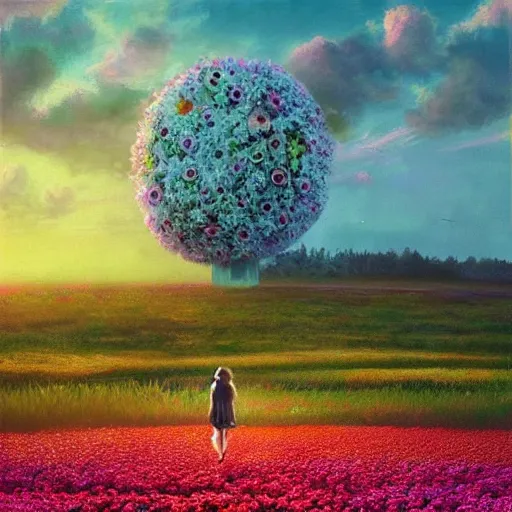 Image similar to giant daisy flower as a head, girl walking in flower field, surreal photography, sunrise, dramatic light, impressionist painting, colorful clouds, digital painting, artstation, simon stalenhag