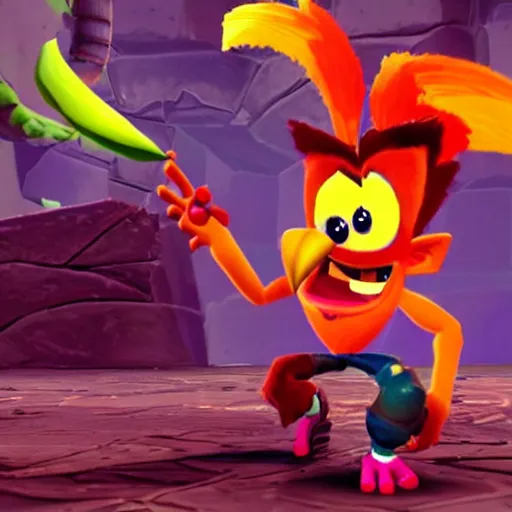 Prompt: a still from ps 1 crash bandicoot, of an owl collecting bananas