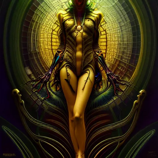 Image similar to extremely psychedelic beautiful cyborg virus infected by night. intricate, elegant, highly detailed, extremely lifelike photorealistic digital painting, artstation. steichen, gaston bussiere, tom bagshaw, cyberpunk alphonse mucha. totally elegant. anatomically correct. sharp focus. black and gold. surreal lush hallucination