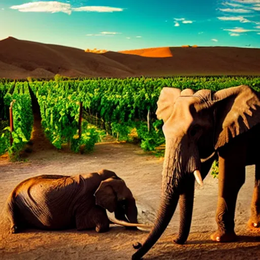 Image similar to Elephants drinking wine at a desert oasis, 8K HD nature photo