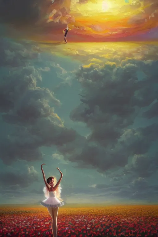 Prompt: giant white daisy flower as head, girl ballet dancing in a flower field, surreal photography, sunrise, dramatic light, impressionist painting, colorful clouds, digital painting, artstation, simon stalenhag