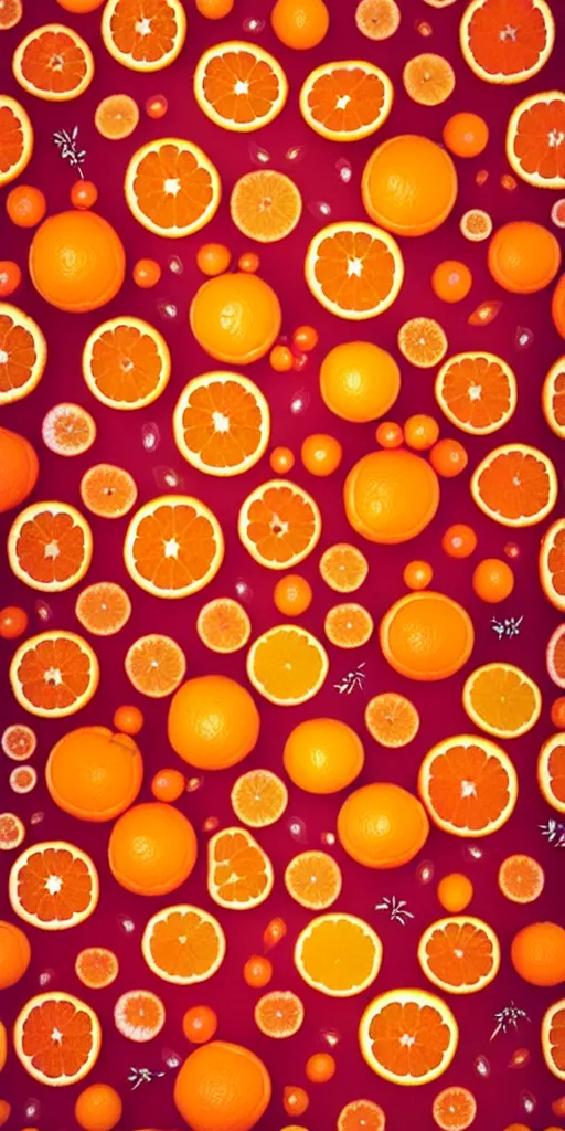 Image similar to campari and oranges organized in a seamless repeating pattern of campari and oranges, colourful, symmetrical, repeating 3 5 mm photography, in the style of toiletpaper magazine, surreal, high detail, photograph by slim aarons, wes anderson,