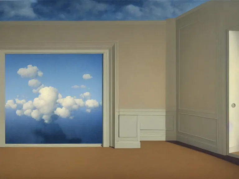 Image similar to room with clouds painted on the walls, painting by rene magritte, centered, high detail, high resolution