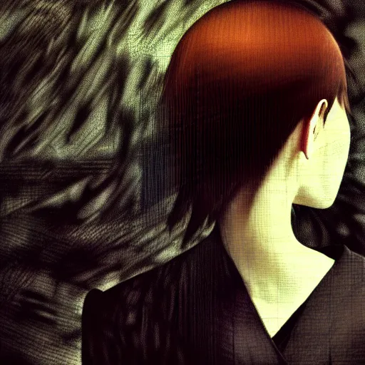 Image similar to yoshitaka amano blurred and dreamy realistic three quarter angle horror portrait of a sinister young woman with short hair, and black eyes wearing office suit with tie, junji ito abstract patterns in the background, satoshi kon anime, noisy film grain effect, highly detailed, renaissance oil painting, weird portrait angle, blurred lost edges