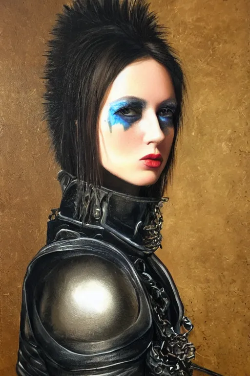 Image similar to hyperrealism oil painting, close - up portrait of punk gothic medieval brunette fashion model, knight, steel gradient mixed with nebula sky, in style of baroque